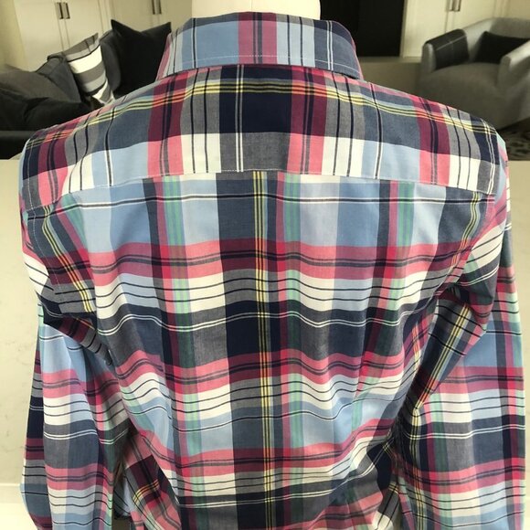 Chaps Petite No-Iron Plaid Button Down Lg Slv Cotton Shirt Blue Pink Wht Sz MP - Picture 8 of 12